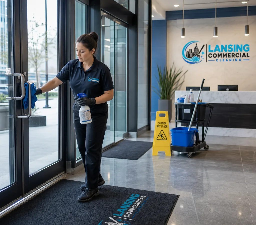 Uniformed cleaner detail-cleaning a commercial office lobby entrance