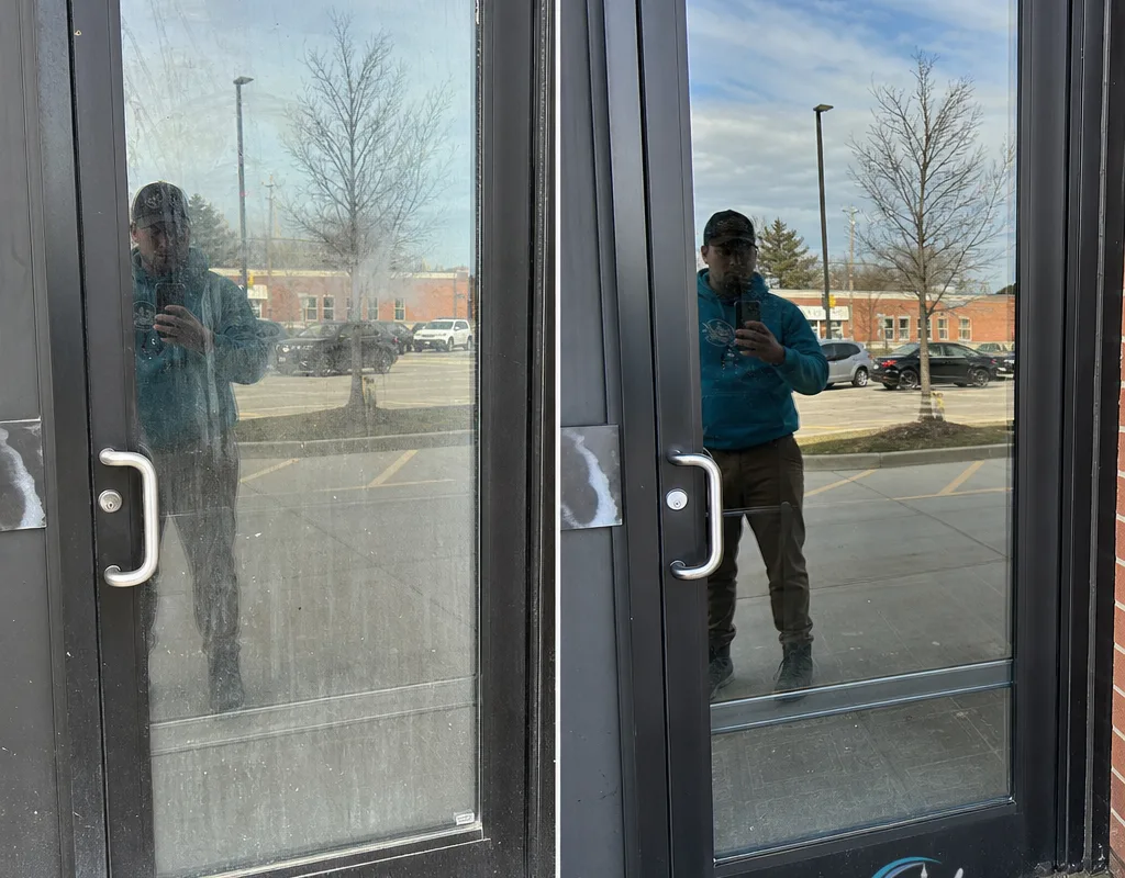 Commercial entry glass before and after cleaning, showing restored clarity and sharp reflections