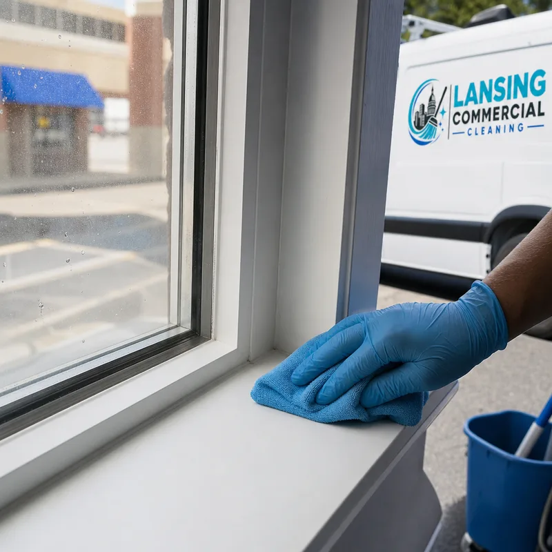 Cleaned commercial window sill and frame corner without drips or dust lines