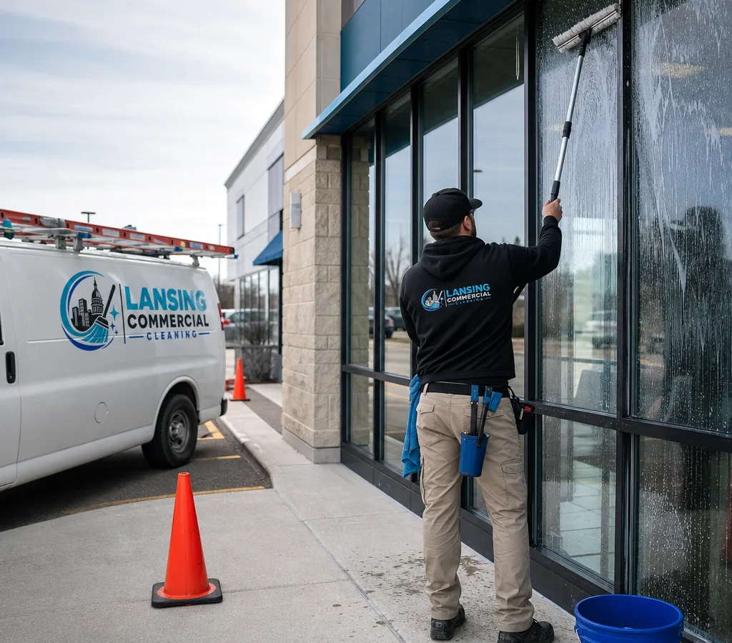 Technician cleaning large commercial storefront windows with safety cones in place