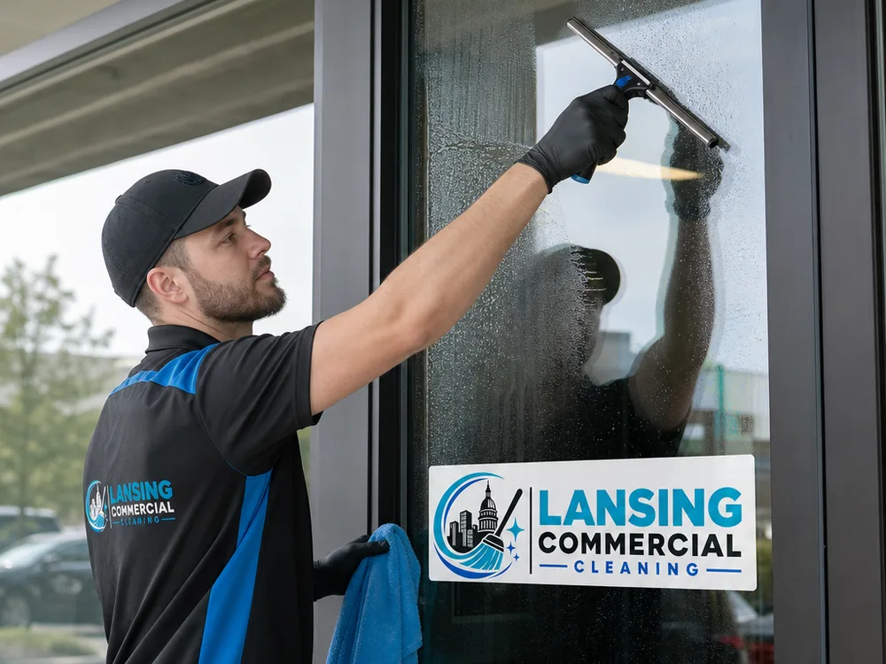 Squeegee pass and microfiber frame detailing on commercial entry glass