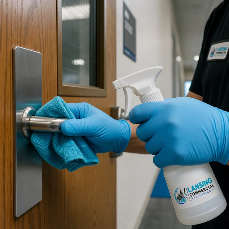 Cleaner using color-coded microfiber cloths and labeled disinfectant on commercial door handles and push plates