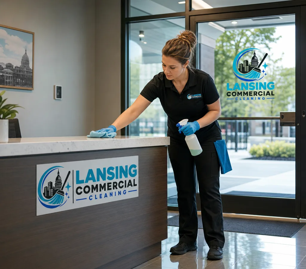 Professional cleaner wiping a reception counter and glass entry door in a modern Lansing office after hours