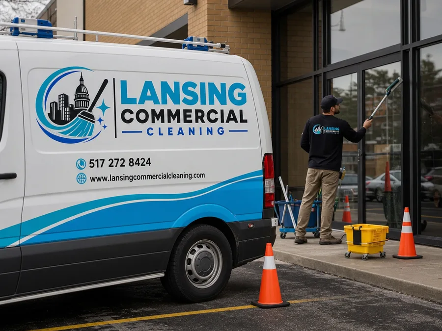 Window cleaning technician working on storefront glass with safety cones and organized tools