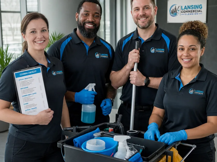 Lansing commercial cleaning crew in uniform with supplies and a checklist