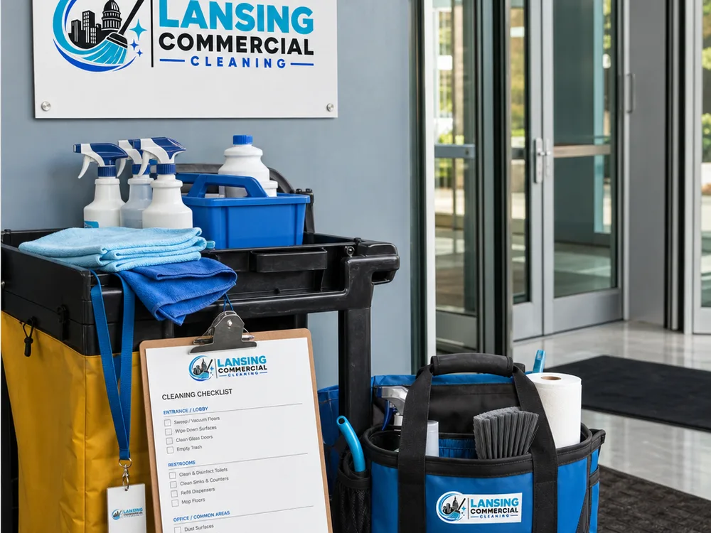 Commercial cleaning team staging supplies and a checklist before a janitorial shift